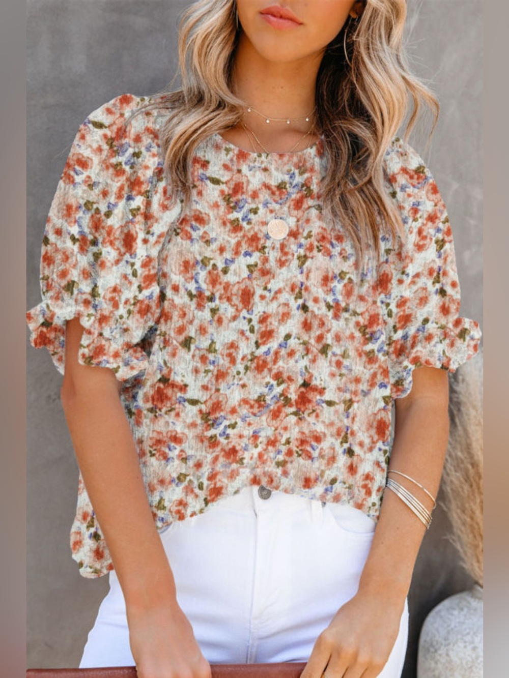 MEDIUM/Floral Puff-Sleeve Top - Cream Multi